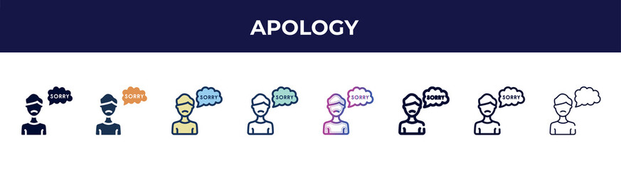 apology icon in 8 styles. line, filled, glyph, thin outline, colorful, stroke and gradient styles, apology vector sign. symbol, logo illustration. different style icons set.