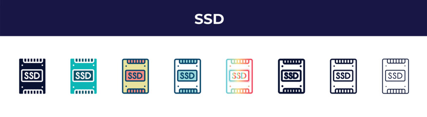 ssd icon in 8 styles. line, filled, glyph, thin outline, colorful, stroke and gradient styles, ssd vector sign. symbol, logo illustration. different style icons set.
