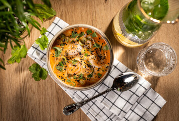 Delicious curry bowl soup with shrimps and coconut milk - obrazy, fototapety, plakaty