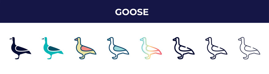 goose icon in 8 styles. line, filled, glyph, thin outline, colorful, stroke and gradient styles, goose vector sign. symbol, logo illustration. different style icons set.