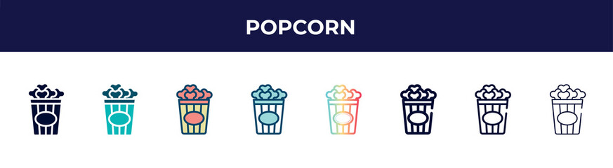 popcorn icon in 8 styles. line, filled, glyph, thin outline, colorful, stroke and gradient styles, popcorn vector sign. symbol, logo illustration. different style icons set.