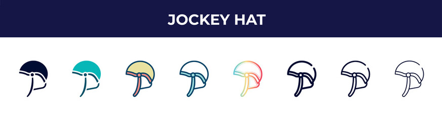 jockey hat icon in 8 styles. line, filled, glyph, thin outline, colorful, stroke and gradient styles, jockey hat vector sign. symbol, logo illustration. different style icons set.