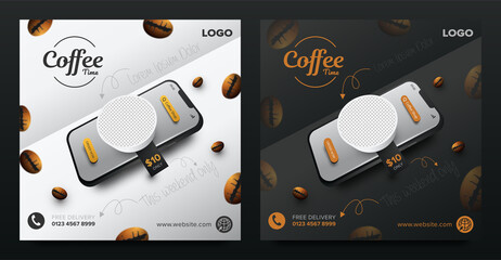 Coffee shop drink promotion on mobile social media post concept banner template