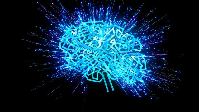 Brain in labyrinth shape with glowing connection rays, showing connectivity, brainstorming, information overload, complicated thinking. 3d conceptual illustration, on white background