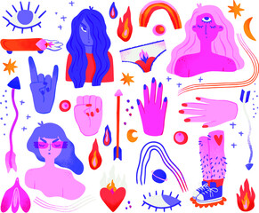 Set of creative, dreamy and magical girl vector, cute girl power feminist sticker set - obrazy, fototapety, plakaty