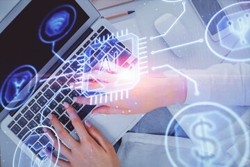 Double exposure of woman hands working on computer and data theme hologram drawing. Top View. Technology concept.