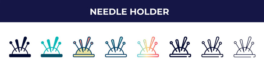 needle holder icon in 8 styles. line, filled, glyph, thin outline, colorful, stroke and gradient styles, needle holder vector sign. symbol, logo illustration. different style icons set.