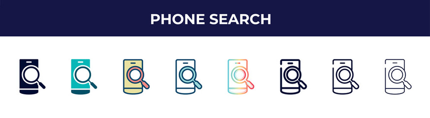 phone search icon in 8 styles. line, filled, glyph, thin outline, colorful, stroke and gradient styles, phone search vector sign. symbol, logo illustration. different style icons set.