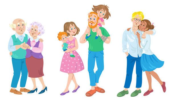 Happy family. Couples of men and women of different ages and nationalities. In cartoon style. Isolated on white background. Vector illustration.