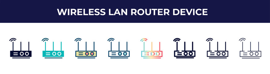 wireless lan router device icon in 8 styles. line, filled, glyph, thin outline, colorful, stroke and gradient styles, wireless lan router device vector sign. symbol, logo illustration. different