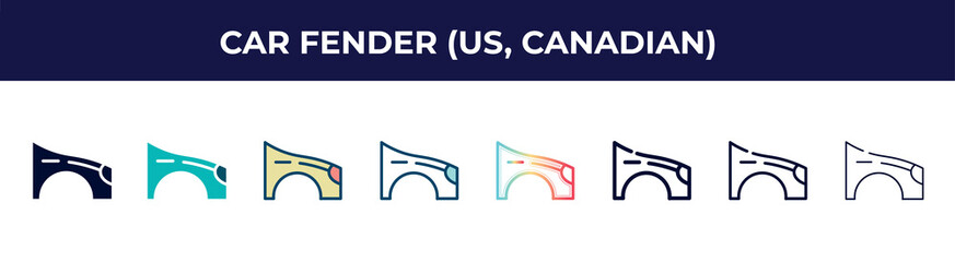 car fender (us, canadian) icon in 8 styles. line, filled, glyph, thin outline, colorful, stroke and gradient styles, car fender (us, canadian) vector sign. symbol, logo illustration. different style