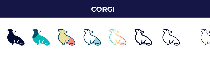 corgi icon in 8 styles. line, filled, glyph, thin outline, colorful, stroke and gradient styles, corgi vector sign. symbol, logo illustration. different style icons set.