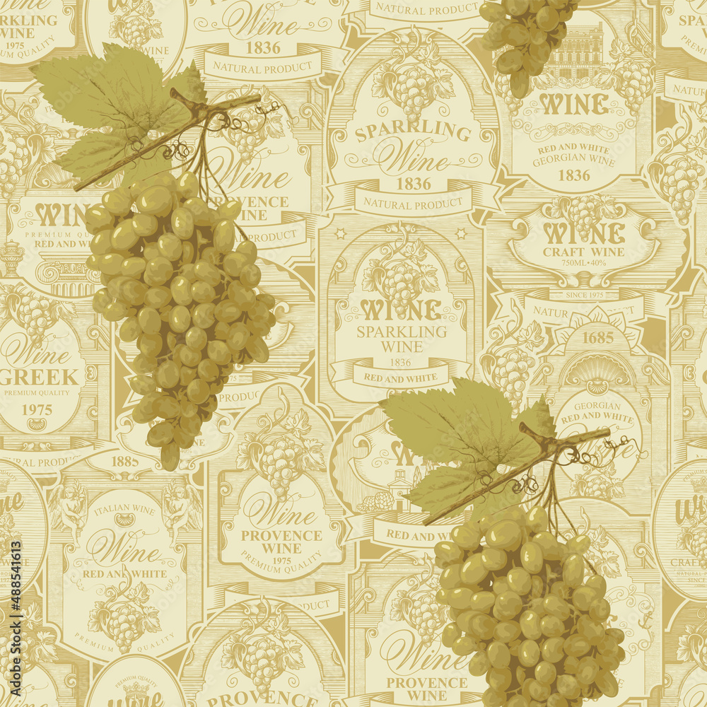 Aufkleber seamless pattern with realistic bunches of green grapes on a backdrop of hand-drawn wine labels. vec