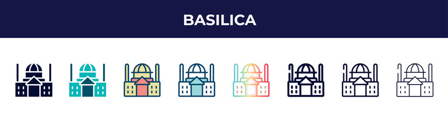 basilica icon in 8 styles. line, filled, glyph, thin outline, colorful, stroke and gradient styles, basilica vector sign. symbol, logo illustration. different style icons set.