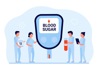 Doctor test sugar check level in blood, diabetes concept. Blood drop test strip for measure glucose. Glucometer in hand. Vector illustration