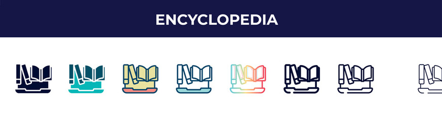 encyclopedia icon in 8 styles. line, filled, glyph, thin outline, colorful, stroke and gradient styles, encyclopedia vector sign. symbol, logo illustration. different style icons set.
