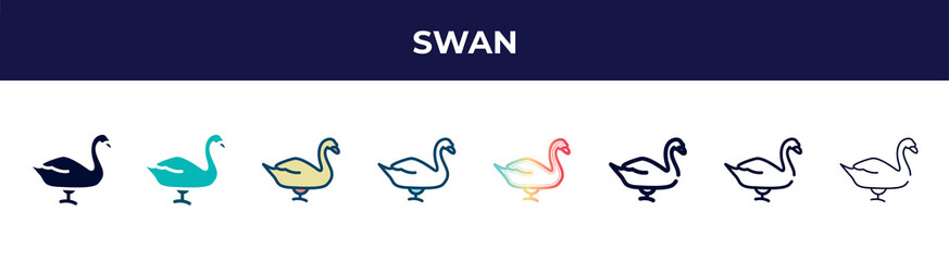 swan icon in 8 styles. line, filled, glyph, thin outline, colorful, stroke and gradient styles, swan vector sign. symbol, logo illustration. different style icons set.
