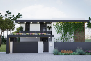 3d rendering of mansion house in minimastic style with plants
