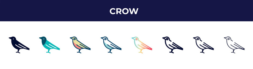 crow icon in 8 styles. line, filled, glyph, thin outline, colorful, stroke and gradient styles, crow vector sign. symbol, logo illustration. different style icons set.