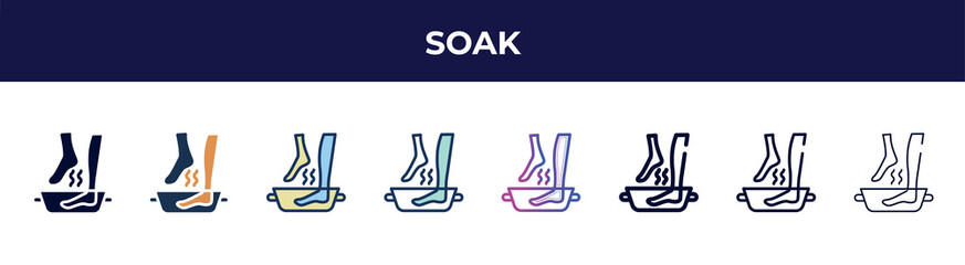 soak icon in 8 styles. line, filled, glyph, thin outline, colorful, stroke and gradient styles, soak vector sign. symbol, logo illustration. different style icons set.