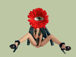 Contemporary art collage with young slim girl headed of red flower with open eye inside it on light...