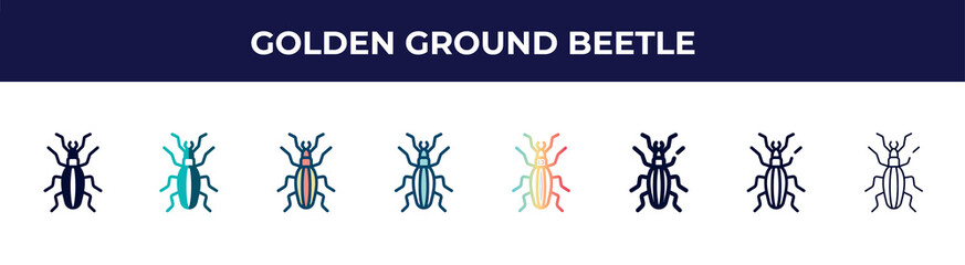 golden ground beetle icon in 8 styles. line, filled, glyph, thin outline, colorful, stroke and gradient styles, golden ground beetle vector sign. symbol, logo illustration. different style icons