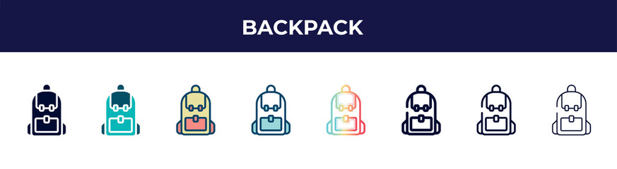 backpack icon in 8 styles. line, filled, glyph, thin outline, colorful, stroke and gradient styles, backpack vector sign. symbol, logo illustration. different style icons set.