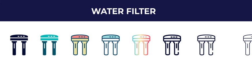 water filter icon in 8 styles. line, filled, glyph, thin outline, colorful, stroke and gradient styles, water filter vector sign. symbol, logo illustration. different style icons set.