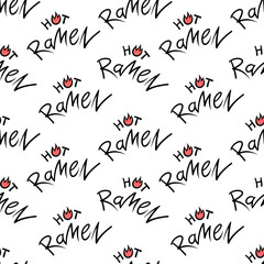 Handwritten text of Hot Ramen. The inscription for Tom Yam soup. Seamless background. Lettering of food.