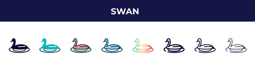 swan icon in 8 styles. line, filled, glyph, thin outline, colorful, stroke and gradient styles, swan vector sign. symbol, logo illustration. different style icons set.