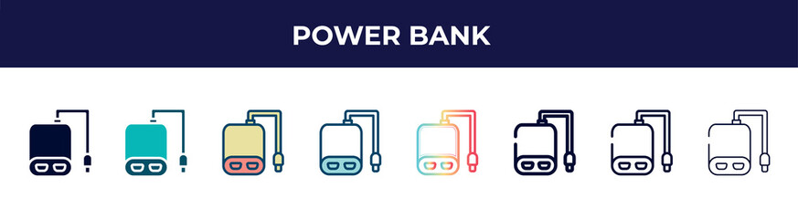 power bank icon in 8 styles. line, filled, glyph, thin outline, colorful, stroke and gradient styles, power bank vector sign. symbol, logo illustration. different style icons set.