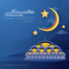 Ramadan Kareem Beauty Mosque Under the Crescent Moon Night Background