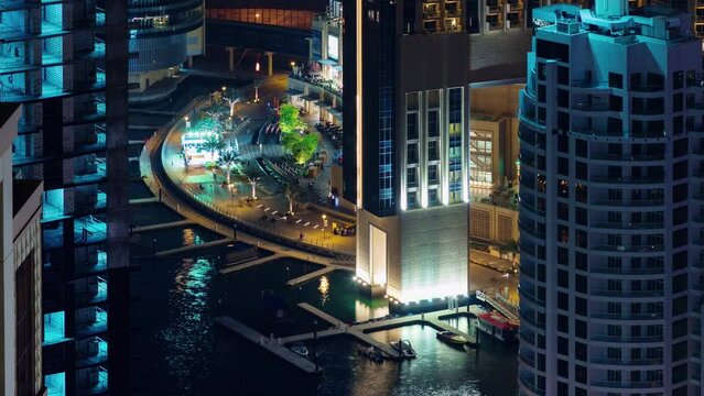 night light dubai marina walking bay yacht dock 4k timelapse uae