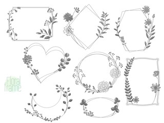 手描き線画のフローラルモノトーンフレームセット（白背景）