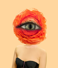 Contemporary art collage with young slim girl headed of orange flower with open eye inside it on light background. Modern design. Concept of beauty, art, vision, fashion