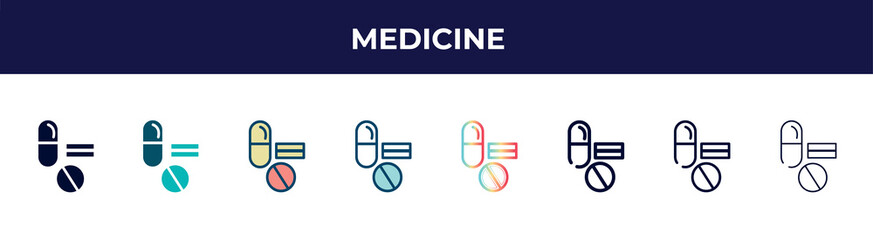 medicine icon in 8 styles. line, filled, glyph, thin outline, colorful, stroke and gradient styles, medicine vector sign. symbol, logo illustration. different style icons set.