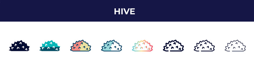 hive icon in 8 styles. line, filled, glyph, thin outline, colorful, stroke and gradient styles, hive vector sign. symbol, logo illustration. different style icons set.