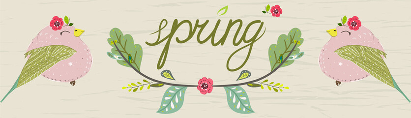Spring poster with lettering in a colorful palette. Vector childish illustration in hand-drawn Scandinavian style.