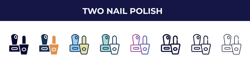 two nail polish icon in 8 styles. line, filled, glyph, thin outline, colorful, stroke and gradient styles, two nail polish vector sign. symbol, logo illustration. different style icons set.