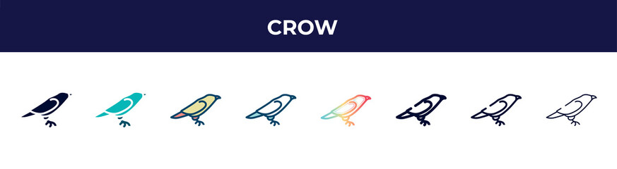 crow icon in 8 styles. line, filled, glyph, thin outline, colorful, stroke and gradient styles, crow vector sign. symbol, logo illustration. different style icons set.