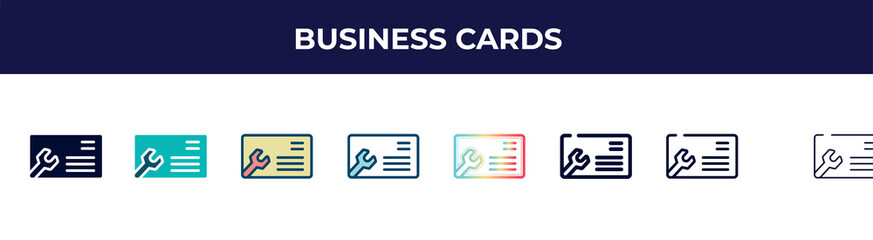 business cards icon in 8 styles. line, filled, glyph, thin outline, colorful, stroke and gradient styles, business cards vector sign. symbol, logo illustration. different style icons set.