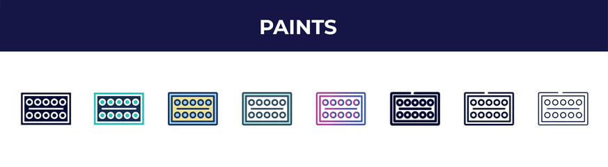 paints icon in 8 styles. line, filled, glyph, thin outline, colorful, stroke and gradient styles, paints vector sign. symbol, logo illustration. different style icons set.