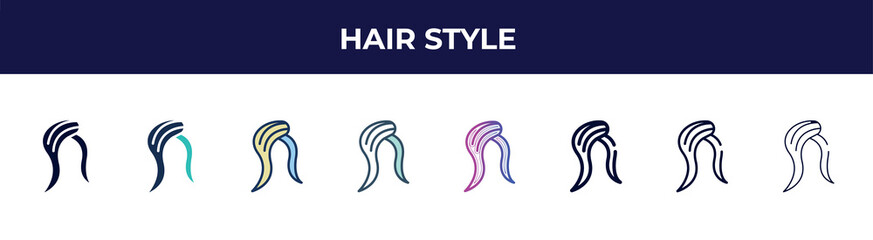 hair style icon in 8 styles. line, filled, glyph, thin outline, colorful, stroke and gradient styles, hair style vector sign. symbol, logo illustration. different style icons set.