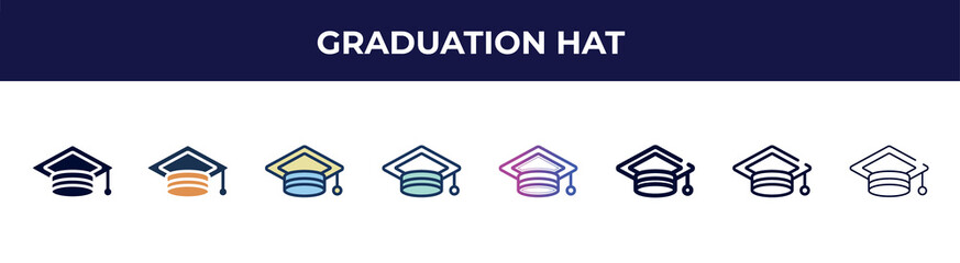 Fototapeta na wymiar graduation hat icon in 8 styles. line, filled, glyph, thin outline, colorful, stroke and gradient styles, graduation hat vector sign. symbol, logo illustration. different style icons set.