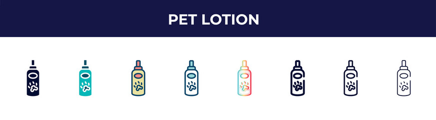 pet lotion icon in 8 styles. line, filled, glyph, thin outline, colorful, stroke and gradient styles, pet lotion vector sign. symbol, logo illustration. different style icons set.