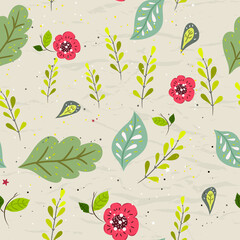 Seamless pastel pattern with floral elements on crumpled paper background.