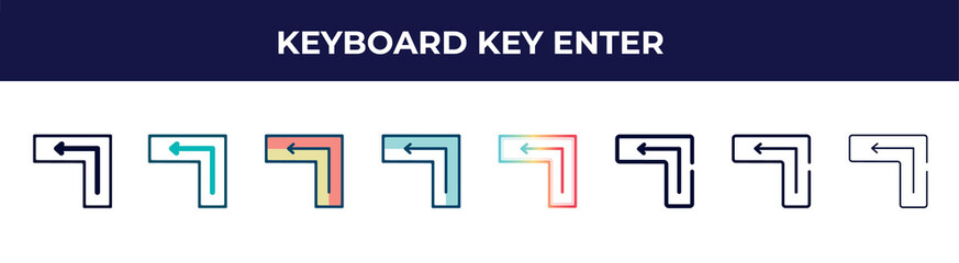 keyboard key enter icon in 8 styles. line, filled, glyph, thin outline, colorful, stroke and gradient styles, keyboard key enter vector sign. symbol, logo illustration. different style icons set.
