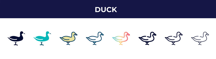 duck icon in 8 styles. line, filled, glyph, thin outline, colorful, stroke and gradient styles, duck vector sign. symbol, logo illustration. different style icons set.