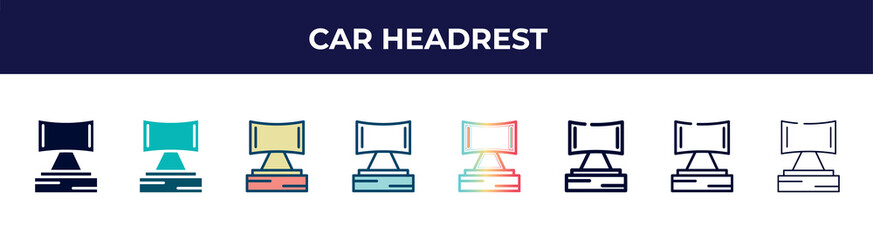 car headrest icon in 8 styles. line, filled, glyph, thin outline, colorful, stroke and gradient styles, car headrest vector sign. symbol, logo illustration. different style icons set.