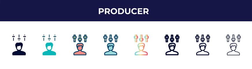 producer icon in 8 styles. line, filled, glyph, thin outline, colorful, stroke and gradient styles, producer vector sign. symbol, logo illustration. different style icons set.